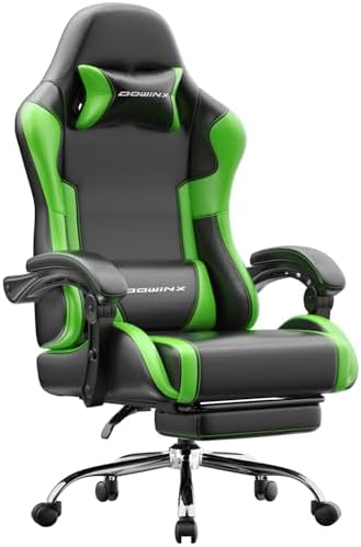 Dowinx Ergonomic Gaming Chair with Footrest & Massage Lumbar, 2D-Linkage Armrests for Computer Chair 330lbs with Headrest Pillow for Office, Home, Streaming and Long Gaming Sessions, Green