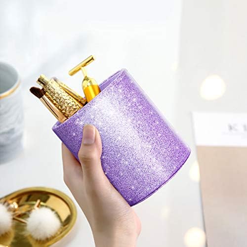 Pen Holder for Women Girls, Pencil Cup Desk Glitter Sturdy Makeup Brush Holder Large Pu Leather Luxury Multi-Functional Organizer Cup for Office, Classroom, Home, Purple