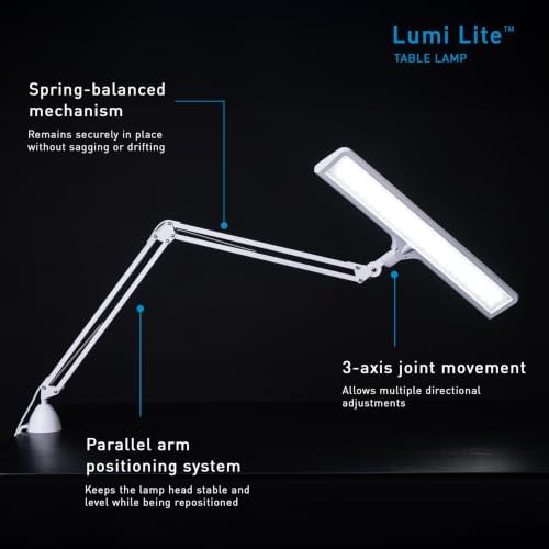 Daylight Lumi Lite LED Table Lamp with Clamp – 3 Brightness Levels, Memory Function, Spring-Balanced Adjustable Arm, 95+ CRI, 5500K Daylight Light for Crafting, Reading, Sewing & Hobby Work