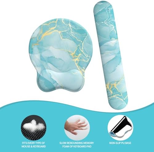 eulps Mouse Pad Wrist Support, Ergonomic Memory Foam Keyboard Wrist Pad & Gel Wrist Rest Set for Computer Keyboard for Easy Typing & Pain Relief for Office & Home(Blue Marble Set)