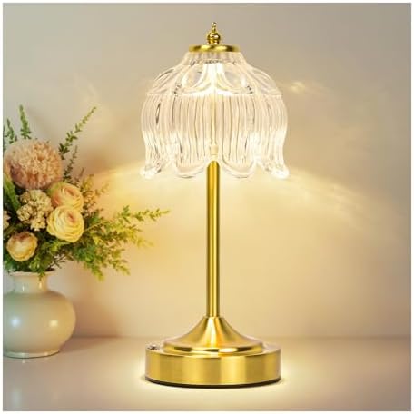 Cordless Table Lamp, Rechargeable Clear Glass Lotus Flower Lamp