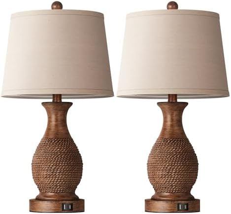 PARTPHONER Table Lamps Set of 2, Bedside Touch Lamp with USB C+A Charging Ports, Side Table Lamp with Linen Fabric Shade (LED Bulbs Included), Wood