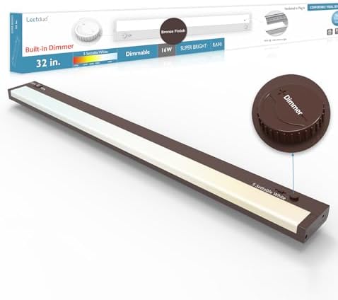 Leetdud Under Cabinet Lighting Plug in or Hardwired Built-in Dimmer, 32 Inch 16W, 5CCT 2700/3000/3500/4000/5000K, Linkable Counter Lights for Kitchen, ETL Dimmable LED Light Fixture, Bronze