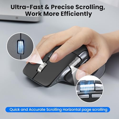 CITLLA Ergonomic Bluetooth Mouse for Laptop, Rechargeable Wireless Mouse with Multi-Device Switching, Silent Click, Flying Scroll & Thumb Wheel, 4800 DPI for PC, Mac, Tablet and Phone (Black)