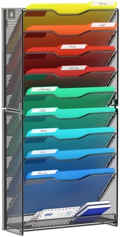 samstar 10 Tier Wall File Organizer, Hanging Wall Mount File Holder Paper Folder Mail Organizer, Mesh Metal, Black.