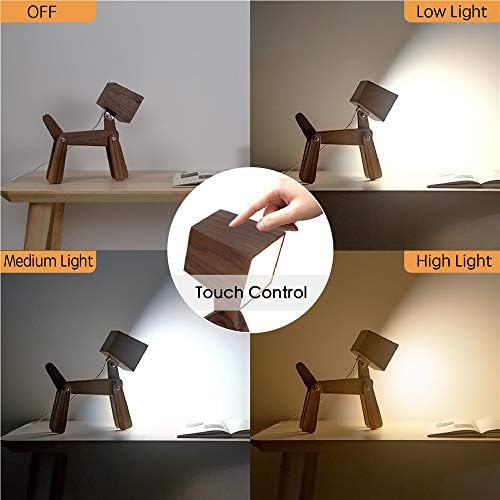 Super Cute Wood Dog Table Lamp for Room Bedroom Bedside, Walnut