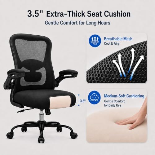 Ergonomic Office Chair for Long Hours, Adjustable Padded Lumbar Support for Lower Back Relief, 330 lb Capacity, Comfortable Computer Desk Chair for Home Office, Work & Study