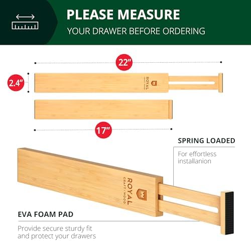 Bamboo Drawer Dividers Organizers, Adjustable Drawer Separator Splitters, 17–22 Inches Expandable Drawer Divider Organizer for Large Utensils, Kitchen, Bedroom, Dresser & Office Drawers 4-Pack