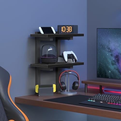 MAHANCRIS Clamp On Desk Organizer, 2-Tier Desktop Bookshelf, Adjustable Desk Storage Shelf, Metal Frame, for Office, Study and Game Room, Black DSBK3501
