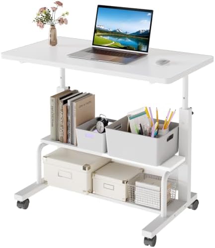 OLIXIS Rolling Desk, Storage Shelves, Laptop Table, Home Office