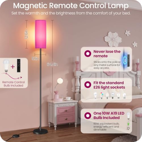 Dimmable Purple Floor Lamp for Living Room with Remote and Foot Switch, Corner Floor Lamp for Bedroom, 64.4" Standing Tall Lamp, 10W 900LM Bulb Included, 3000K-6500K, Linen Shade, FCC Listed Z06LD05W1