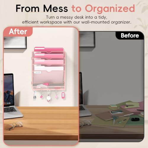Wall File Holder Hanging Wall File Organizer, Wall Mount Mail Holder and Paper Organizer with Bottom Shelf & 5 Hooks for Office Home School (5 Tier Pink)