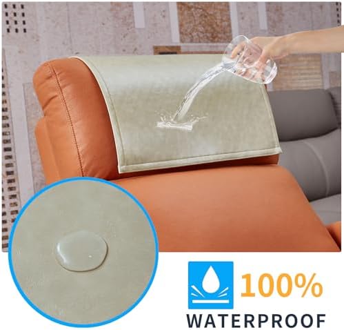 Non Slip Recliner Headrest Protector Washable Faux Leather Headrest Covers for Recliner Chair Waterproof Couch Head Rest Covers for Sofa,Furniture,Office Chair,Theater Seat (Beige)