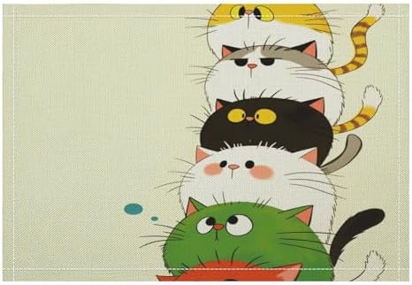 Stacked Colorful Cats Linen Placemats Set of 1PCS, Heat Resistant Non-Slip Washable Table Placemats for Dining Everyday Use Hotel Banquet Home Decor