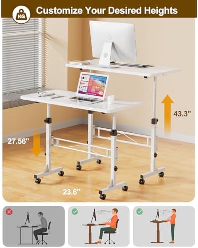 Amztabler Small Standing Desk Adjustable Height, Mobile Stand Up Desk with Wheels, 32 Inch Portable Rolling Desks Conference Room Tables for Walking Pad Treadmill White