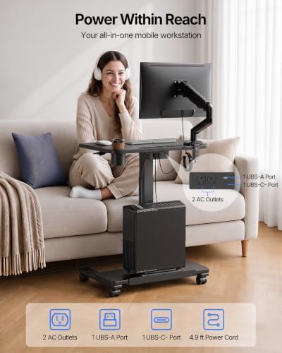 HUANUO 28" Mobile Standing Desk with Drawer and Charging Station