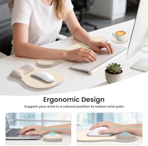 AKIT Ergonomic Mouse Pad and Keyboard Wrist Rest Set,Memory Foam,Apricot