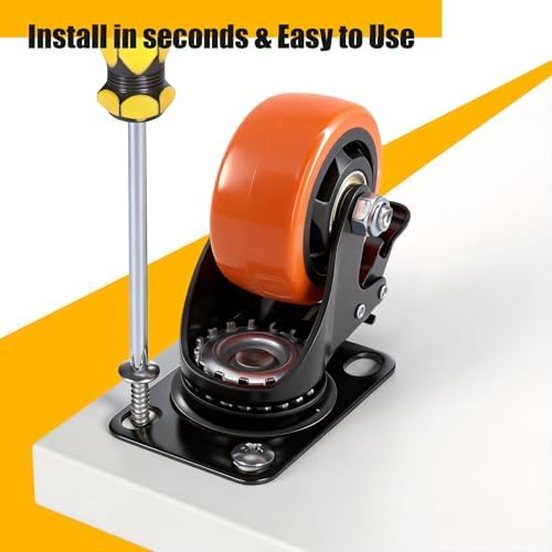 QNCZ 3 Inch Heavy Duty Caster Wheel with Dual Brake,Silent,Orange,Set of 4