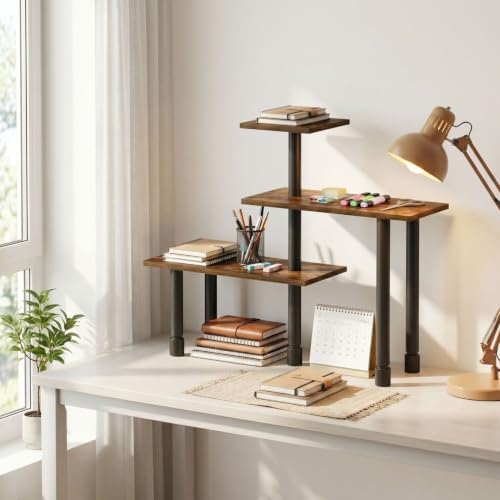 Furinno Turn-N-Tube Desk Organizers and Accessories, 3-Tier Desktop Organizer, Adjustable Desk Shelf, for Home Office, Study Room, Dorm Room, Organizers and Storage, Amber Pine