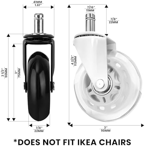Office Chair Wheels - Set of 5 Rollerblade-Style Caster Wheels, Smooth & Quiet Rolling, Protects Hardwood Floors & Carpets, Universal Fit, Durable and Long-Lasting - White