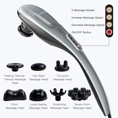 MEGAWISE Handheld Percussion Massager for Back, 3600 RPM, 5 speeds, 7 Heads