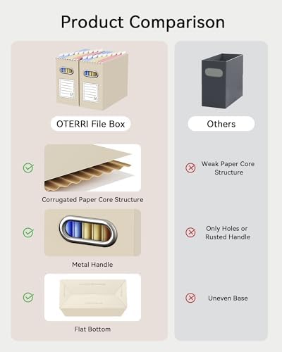Oterri Portable Collapsible Cardboard File Box with Handle for Letter-Size