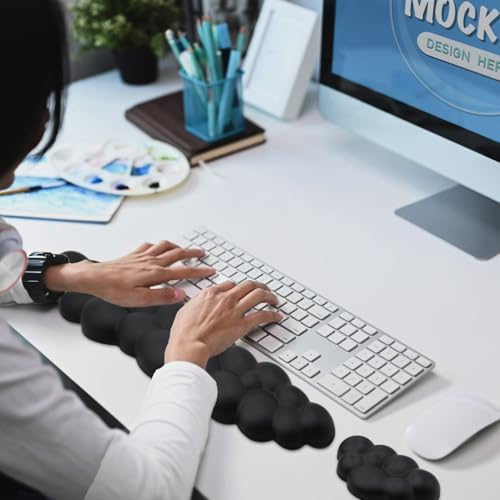 Cloud Wrist Rest Keyboard, PU Leather Memory Foam Wrist Rest for Computer Keyboard, Ergonomic Keyboard Wrist Rest Pad and Cute Mouse Wrist Rest for Gaming, Office, Computer, Typing Pain Relief, Black