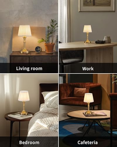 KDG Gold Cordless Portables Table Lamp, Beige Fabric Shade Small Desk Lamp