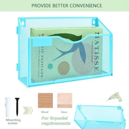 1 Tier A4 Mesh in Tray Hanging Wall File Holder Magazine Document Holder Mail Organiser Magazine Storage Rack,Durable Metal Mesh Filing Storage, Sky Blue