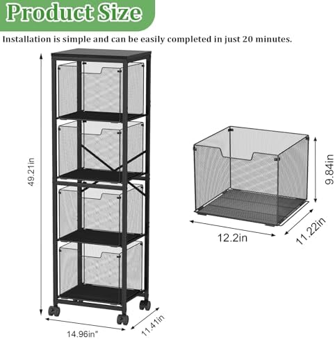 Sbanmao 4 Drawer Rolling File Cabinet, Mobile Filing Cart with Wheels Black