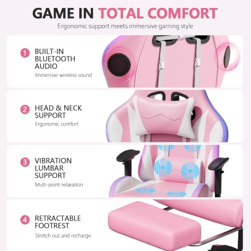 Mr IRONSTONE RGB Gaming Chair with Bluetooth Speakers, Multi-Point Vibration Massage Gaming Chair (Seat, Back & Lumbar), Ergonomic High Back Recliner, Footrest for Adults, Iridescent Pink
