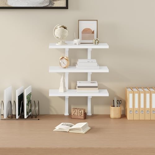 MAHANCRIS Clamp On Desk Organizer, 3-Tier Desktop Bookshelf, Adjustable Desk Storage Shelf, Metal Frame, for Office, Study and Game Room, White DSWT3601