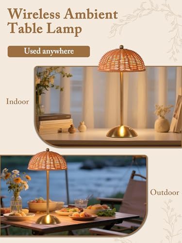 Cordless Table Lamp, Rattan Boho Desk Lamps, Small Wicker Night Light