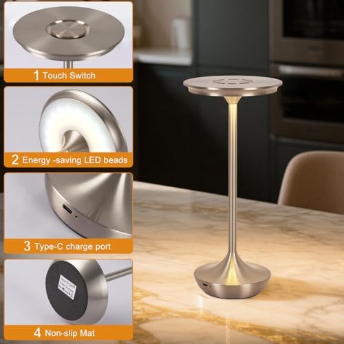 Cordless Table Lamp Set of 2,Portable Rechargeable 6000mAh Outdoor LED Table Lamps,3 Color Stepless Dimming Touch Battery Powered Lamp, Table Light for Restaurant/Patio/Camping/Bedroom(Silver)