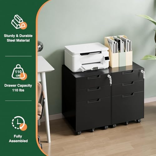 Letaya 3 Drawer Mobile File Cabinet with Lock,Under Desk Metal Small Filing Cabinets for Home Office Organizer Letters/Legal/A4(Fully Assembled Except Wheels-Black)