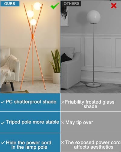 3 Globe Dimmable Tripod Floor Lamp, Mid Century Standing Lamps with 3Pcs 3000K Bulbs Included, Modern Tall Lamp for Living Room Bedroom Home Office Sofa Beside Corner Decor-Orange