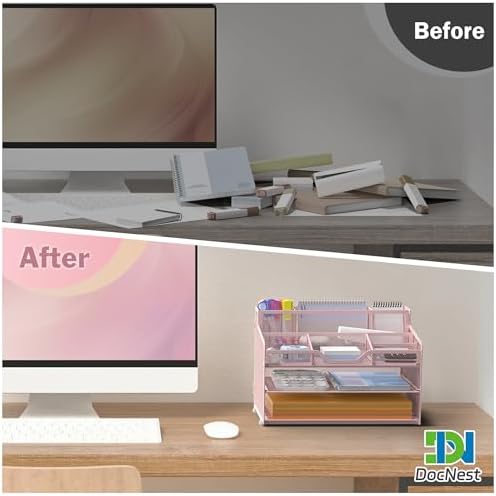 Docnest 3 Tier Mesh Desk Organizer with Letter Tray & Paper Sorter, Pink
