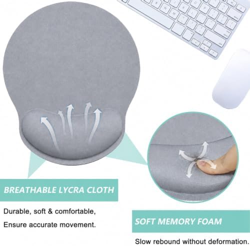 Mouse Pad with Wrist Support, Ergonomic Mouse Pad with Memory Foam Wrist Rest Cushion, Non-Slip Rubber Base Gaming Mice Pad for Home Office Computer Laptop, Light Grey
