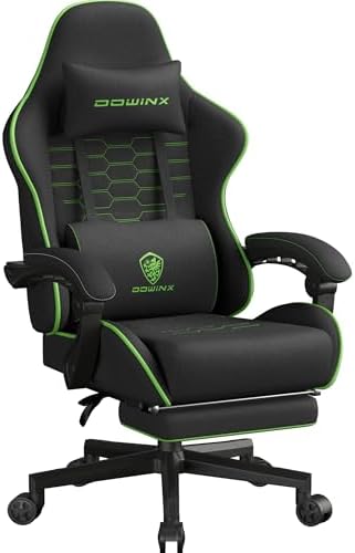 Dowinx Big and Tall Gaming Chair Fabric with Footrest Pocket Spring Cushion for Home Office, High Back Recliner Height Adjustable Ergonomic Comfy Cloth Computer Desk Chair, Black Green