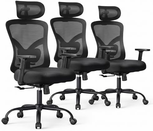 NOBLEWELL Ergonomic Office Chair with Padded Lumbar Support, 2D Headrest, Adjustable Armrests, Upgraded Contoured Seat Cushion, 130° Rocking Tilt, Computer Gaming Chair for Home Office, Pack of 3