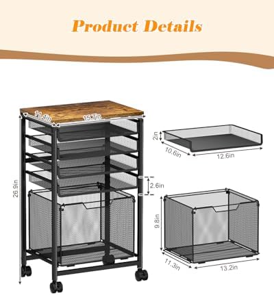 Feyejade Compact 5-Tier Rolling File Cart, Under Desk Metal Filing Cabinet