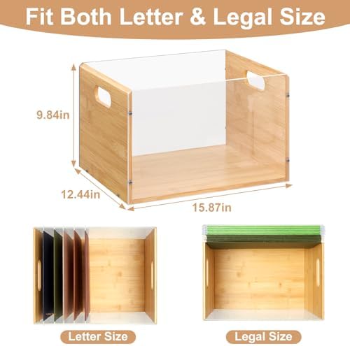 Sbanmao Letter/Legal Bamboo Acrylic File Box Organizer, Hanging File Folder Storage Boxes, Decorative Document Crate Transparent Filing Bin with Handle for Home Office Desk