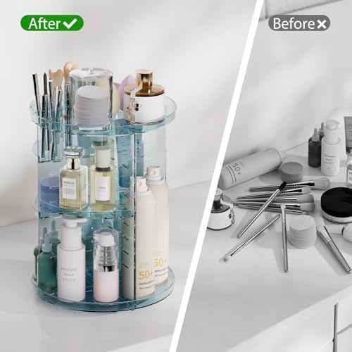 Rotating Makeup Organizer, DIY 8 Adjustable Layers Spinning Skincare Storage, Cosmetic Display Case with Brush Holder and Perfume Tray, Multi-Function Vanity Bathroom Countertop Organizer Clear Blue