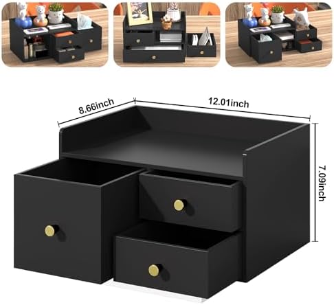 Bamboo Desk Organizer with Drawers,Wooden Desktop Storage (Black,3 Drawers)
