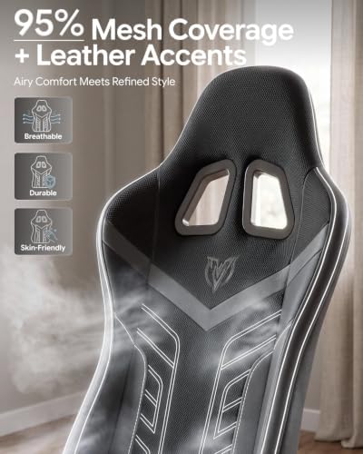 Ergonomic Gaming Chair with Footrest for Adults, Leather Mesh Black