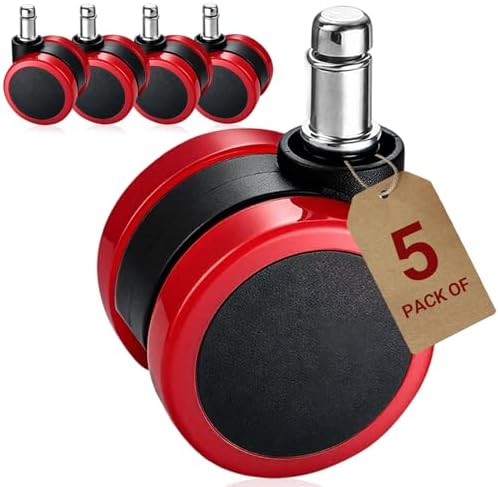 Red Office Chair Casters, 2" Heavy-Duty Chair Castors Replacement with Rubber Ring, Gaming Desk Chair Casters Wheels-Set of 5, Smooth Rolling for Hardwood Carpet Tile Floors, 11 * 22mm Universal fit