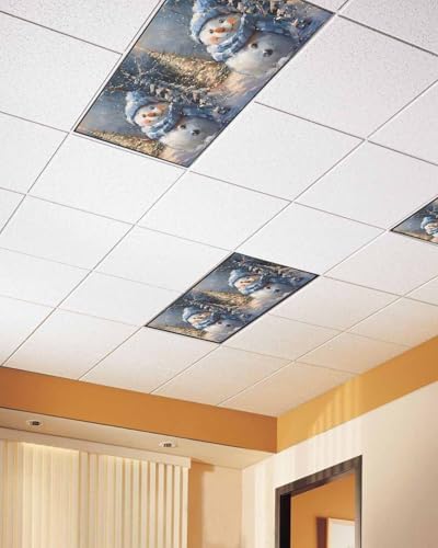 Blue Snowman Magnetic Fluorescent Light Covers for Ceiling Lights 2 x 4 Feet,Christmas Tree Shabby Chic Forest Painting Office Classroom Kitchen Drop Ceiling Light Covers Filters Shade Panel 2 Packs