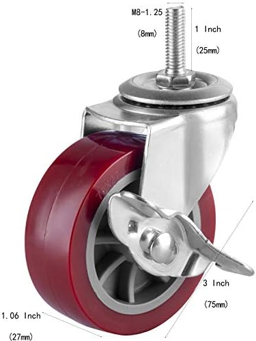 3 Inch Swivel Caster Wheels Set of 4, Locking Casters Heavy Duty Total Capacity 330lbs, Metric M8-1.25 Threaded Stem PU Casters with Brake, Castors for Carpet Hardwood Floors Workbench Bed Frame