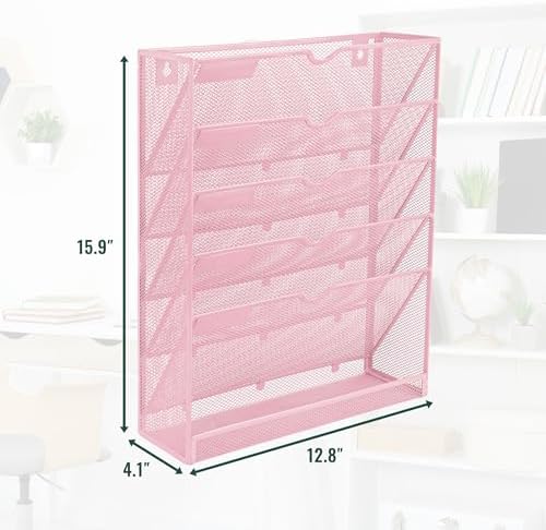 EASEPRES 6 Tier Mesh Hanging Wall File Organizer, Desk Vertical Mail Paper Document Folder Holder Rack with Bottom Tray and Nametag Label for Office Home School, Pink