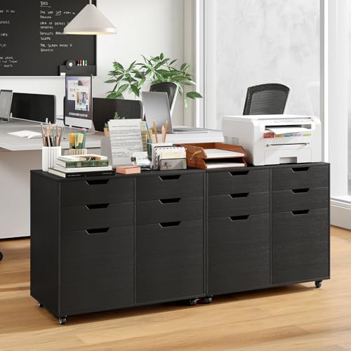 GIANTEX 4-Drawer File Cabinet, Rolling Printer Stand with 2 Lockable Wheels, Wooden Lateral Filing Cabinet, Load 298 Lbs, Under Desk Craft Storage Organizer for Home Office Organization (Black)